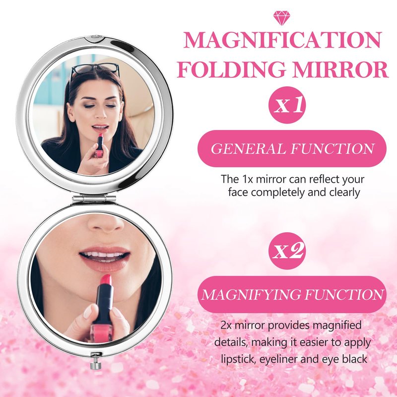 Maitys 16 Pcs Compact Mirror Bulk for Purses Small Cosmetic Folding 2.75 Inch Round Diamond Bling 1X/ 2X Magnifying Pocket Makeup Mirror for Women Wedding Gift, Pink Silver