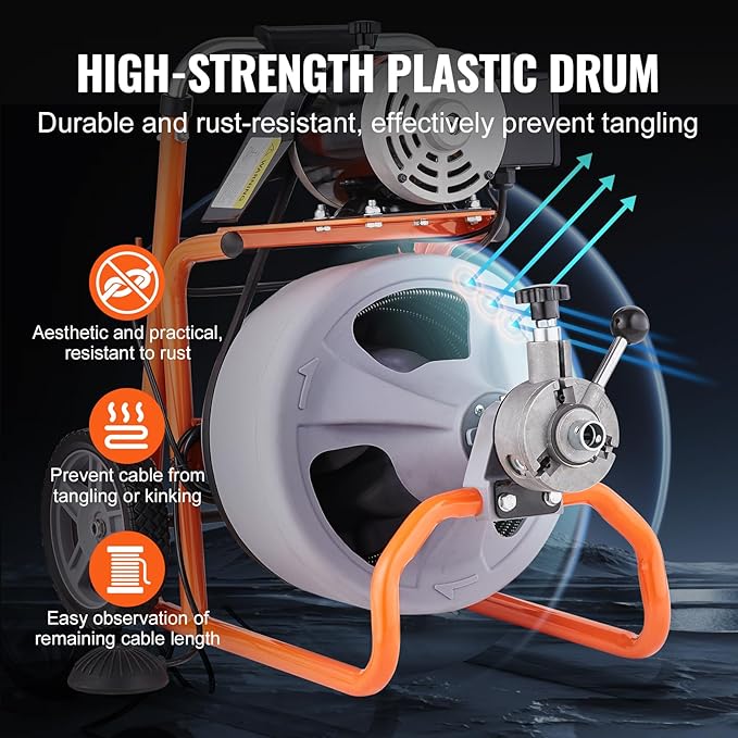 VEVOR Drain Cleaner Machine 75FT x 3/8 Inch, Auto Feed Sewer Snake Drain Auger on Wheels, Portable Drain Cleaning Machine with 8 Cutters & Air-activated Foot Switch for 2" to 4" Pipes