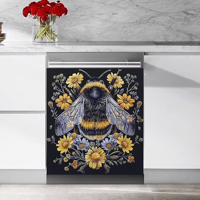 Flower and Bee Painting Dishwasher Magnet Cover Sticekr,Refrigerator Magnet Cover Decal Fridge Microwave Stickers Kitchen Decor,23W x 17H inchs