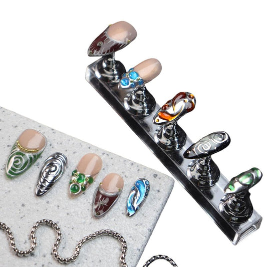 Almond Press on Nails Handmade Medium Long/Stiletto 3D Flower Fake Nail with Designs, Women Reusable False Nails (French Tip Silver, M)