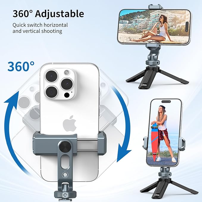 VRIG PH-18 Metal Phone Tripod Mount, 360° Phone Holder for Camera with 2 Cold Shoe Mount & 1/4" Screw Holes Compatible with iPhone Samsung for Vlog Live Stream Video Recording