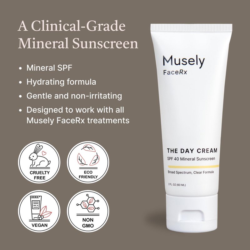 Musely Day Cream Mineral SPF 40, Clinical Grade Sunscreen, Broad-Spectrum, Water Resistant, 2 Fl Oz, Clear Color, 2x Bundle