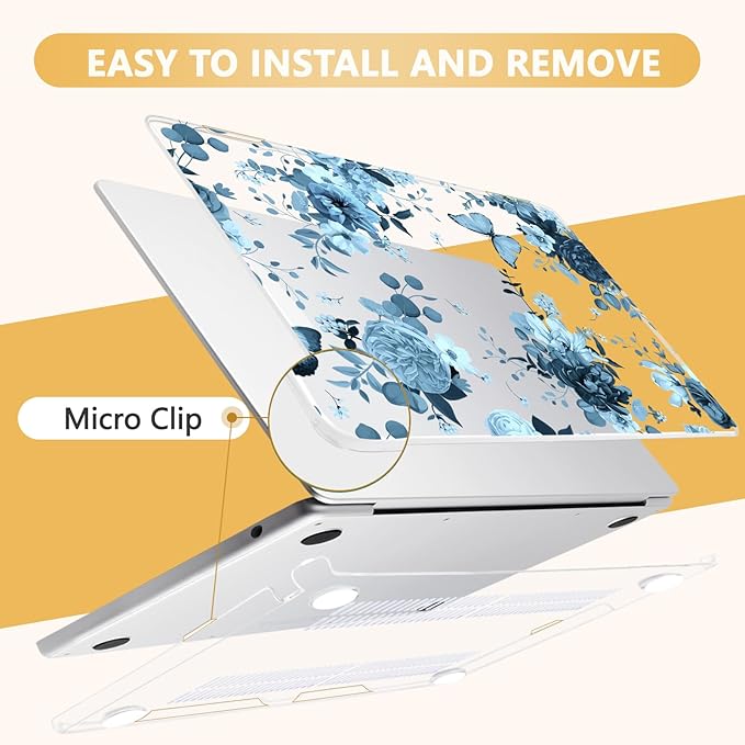 MecBevia Compatible with MacBook Air 13.6 inch Case, M4 A3240/M3 A3113/M2 A2681 (Released 2025 to 2022), Hard Shell, Keyboard Cover, Screen Protector, Webcam Cover & Type-C Adapter, Blue Flowers
