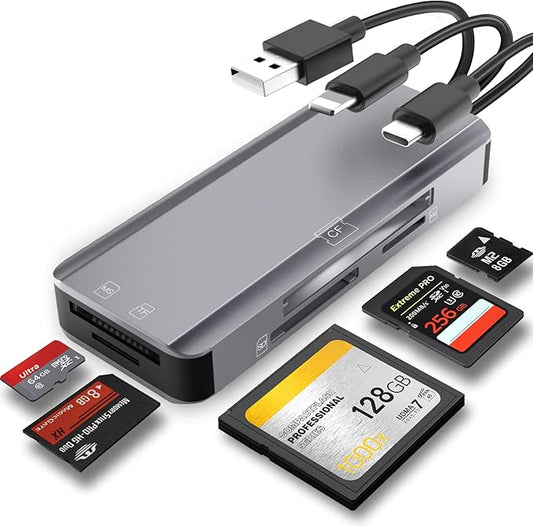 5-in-1 Multi Memory Card Reader,Aluminum SD/TF/CF/MS/M2/Cfast/Memory Stick Pro Duo/Micro SD Card Reader Adapter for i-Phone/i-Pad USB C and USB A Devices,No Application Required Plug and Play