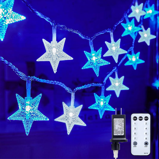 Minetom 33 ft Blue and White Star String Lights - 100 LED Fairy Lights with Remote, Timer & 8 Modes