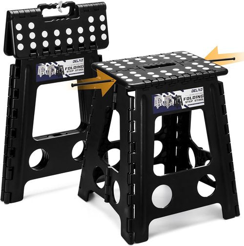 Delxo 16-Inch Folding Step Stool - Portable, Non-Slip Design with Safety Lock | Supports Up to 400LBS (Black)
