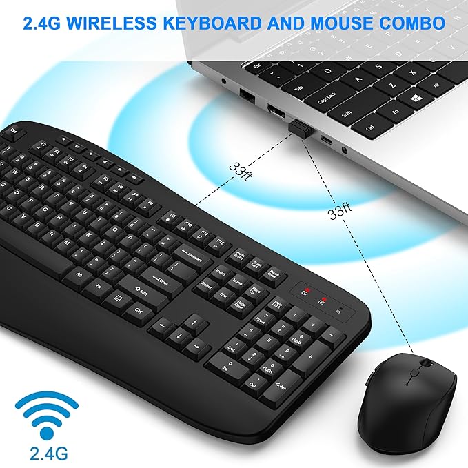 EDJO Wireless Keyboard and Mouse Combo, Full-Sized Ergonomic Computer Keyboard with Wrist Rest, 3-Level Adjustable DPI Wireless Optical Mouse, 2.4GHz Plug & Play for Windows Mac OS PC Laptop