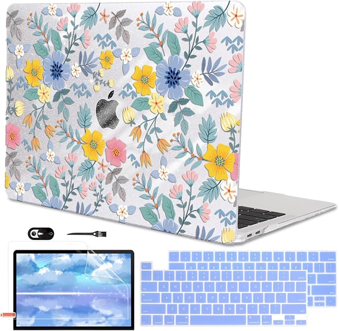 LCMOCICO for MacBook Pro 13-inch Case 2022 2021 2020-2016 Release M2 M1 Chip A2338 A2251 A2289 A2159 A1989 A1706, Shiny Clear Pattern Plastic Hard Shell Case Keyboard Cover Screen Film, Flowers L213