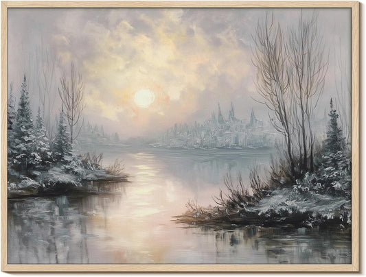 Vintage Canvas Print - Snowy Lake Sunset Landscape Wall Art | 12x16 Inch Rustic Decor