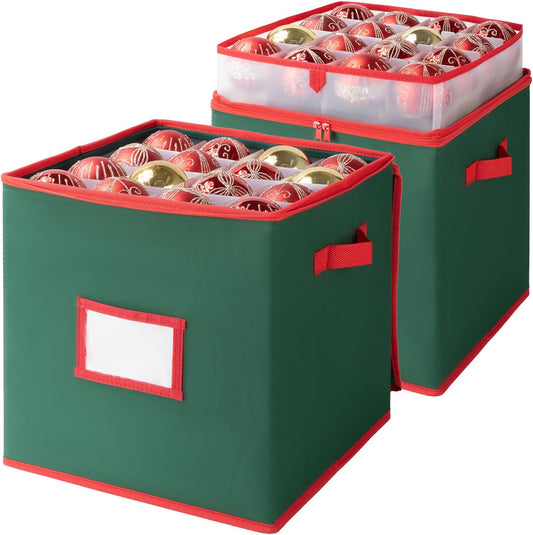 OIAHOMY Ornament Storage Box - 2 Pack Holds 64 Balls Each, Durable 600D Oxford Fabric - Green with Trays