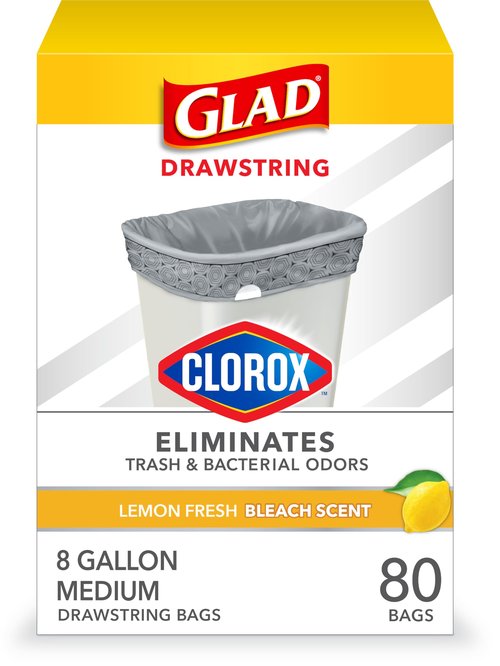 Glad Medium Trash Bags, 8 Gallon, Lemon Fresh Bleach Garbage Bags, Resists Bacterial Odors with Drawstring, 80 Count
