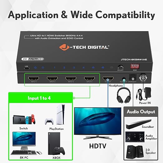 J-Tech Digital 8K HDMI Switch 4 in 1 Out 8K@60Hz 4K@120Hz 1080P@240Hz, HDMI Audio Extraction to Optical & 3.5mm, HDR HDCP 2.3 EDID Control, Compatible with PS5 PS4 Xbox Switch Apple TV Roku Fire TV