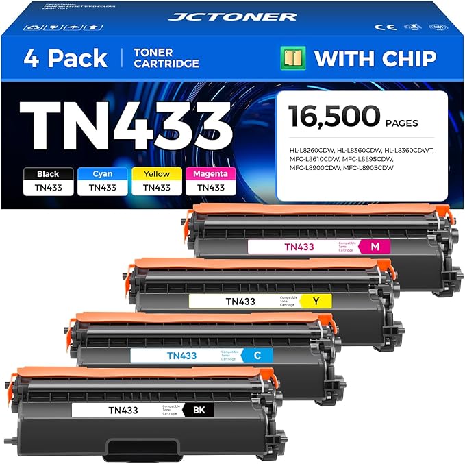 JCTONER TN433 Toner Cartridge Set 4-Pack Replacement Compatible for TN-433 TN431 TN436 Printer Ink