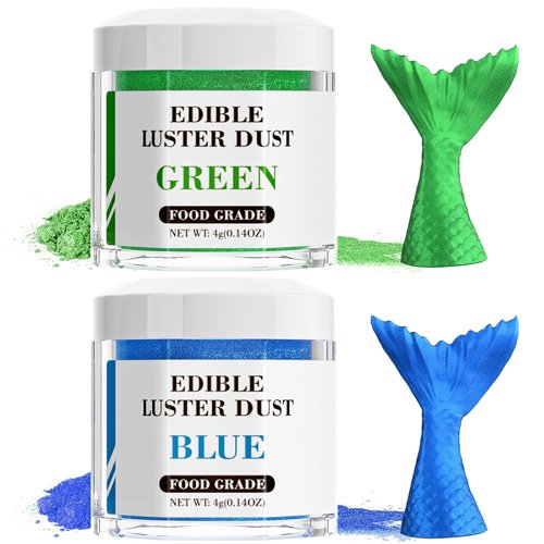 Cherrysea Luster Dust Edible Set - Food Grade Shimmer Powder for Cakes & Cocktails | 4g Bottles - Blue & Green