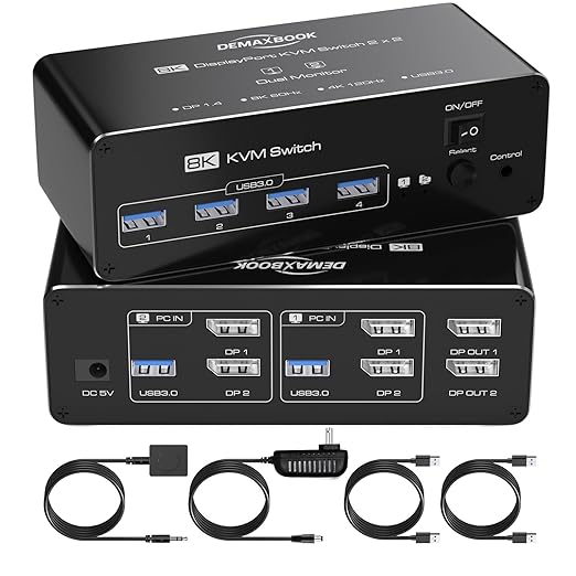 DEMEXBOOK 8K Dual Monitor DisplayPort KVM Switch 2 Monitors 2 Computers 8K@60Hz 4K@144Hz, 2 Computers Share 2 Monitors, 4 USB 3.0 Ports, Supports Extended/Copy Mode with Remote & USB Cables