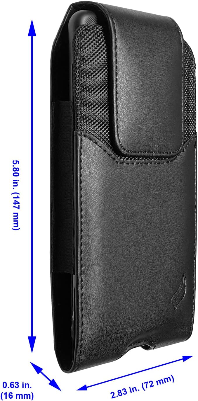CELZEN Leather Cell Phone Holster for Cricket Debut, Icon, AT&T Radiant Core, Calypso 2, Moto E6, G7 Play, Alcatel Onyx, REVVLRY REVVL2 - Vertical Case Waist Carrying Pouch with Belt Clip/Loops, Black