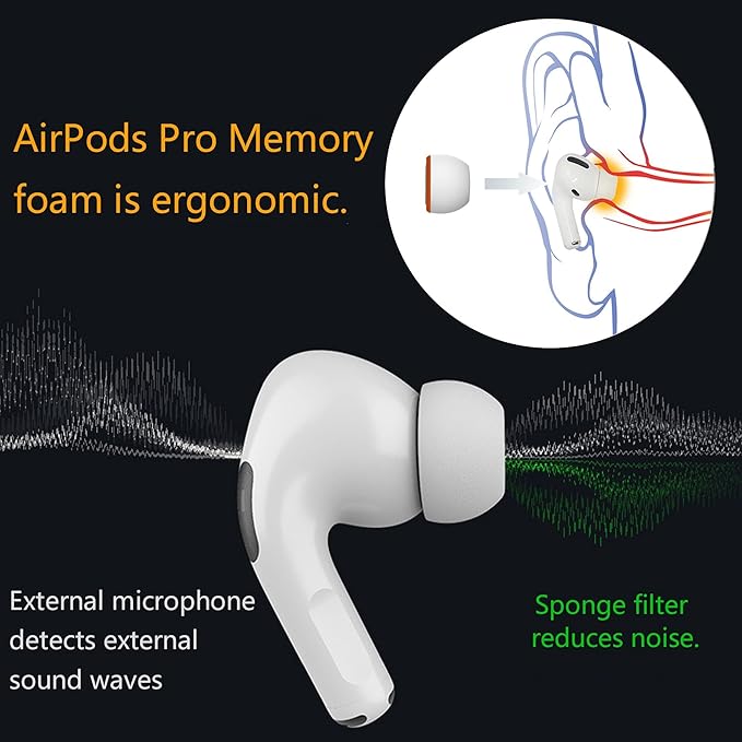 KASOTT Upgraded Best Memory Foam Ear Tips for AirPods Pro 1st & 2nd Gen | Comfortable Foam Ear Tips | Better Noise Cancellation | 3 Pairs Replacement Tips (Orange, Assorted S/M/L)