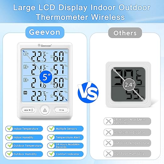 Geevon Indoor Outdoor Thermometer Wireless, 5-Inch Display Digital Hygrometer Thermometer Temperature Humidity Monitor with 3 Remote Sensors and Backlight, Battery-Powered