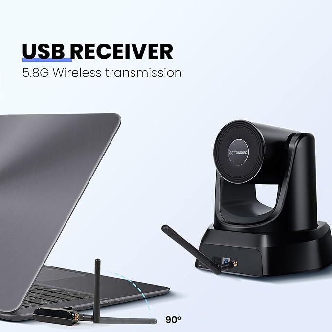 TONGVEO Wireless AI PTZ 20X Camera System with Auto Tracking Built-in Receiver & Bluetooth Speakerphone, 5.8GHz 1080P 60fps Conference Camera for Church Zoom, OBS Meetings