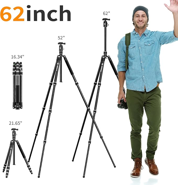 Jishane Carbon Fiber Camera Tripod, 62" Professional Video Tripod for Camera with 360° Ball Head, 1/4" Arca QR Plate, Compact Lightweight Travel Monopod for DSLR/Smartphone, Max Load 17.6 lbs/8kg