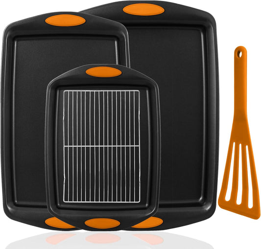 Premium Carbon Steel Baking Pans Set by [Brand Name] - 5-Piece Nonstick Bakeware with Red Silicone Handles
