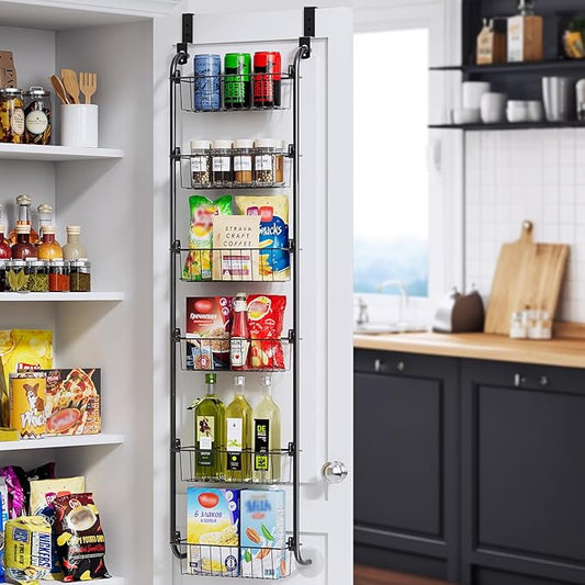 Delamu Narrow Over the Door Pantry Organizer, 6-Tier Metal Pantry Door Organization and Storage for Easy Install, Hanging Spice Rack Seasoning Shelves for Cabinet & Kitchen, D5 x W13 x H50 inch, Black