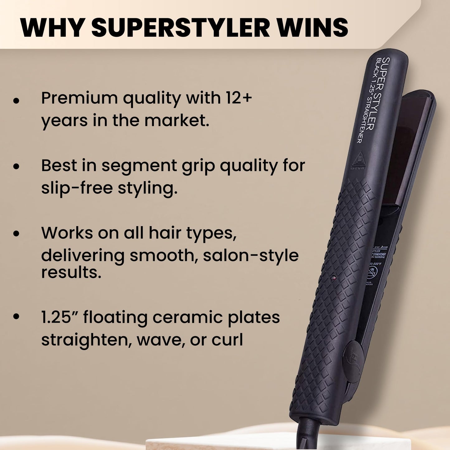Herstyler Superstyler Onyx Ceramic Flat Iron - Ceramic Hair Straightener with Adjustable Temperature - Travel-Friendly Dual Voltage Flat Iron