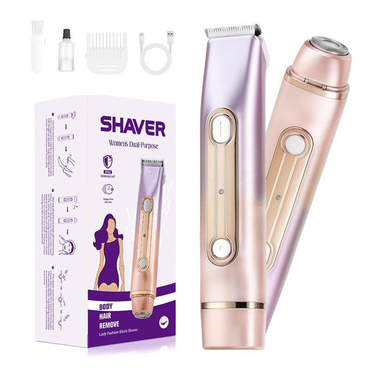 Bikini Trimmer for Women, 2-in-1 Waterproof & Cordless Dual Head Electric Razors, Painless Electric Shaver for Women, Wet/Dry Lady Shaver for Bikini Line, Face, Underarm & Legs,Purple