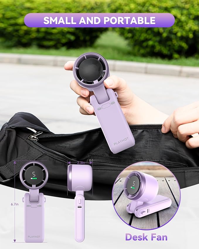 PlayHot Portable Handheld Turbo Fan, 5-Speed Personal Fan, USB-C Rechargeable Fan Up to 12 Hours, 3 IN 1 Hand Fan with Air Turbo Tech Cooling, Travel Fan for Cruise, Beach, Gifts for Women(Purple)