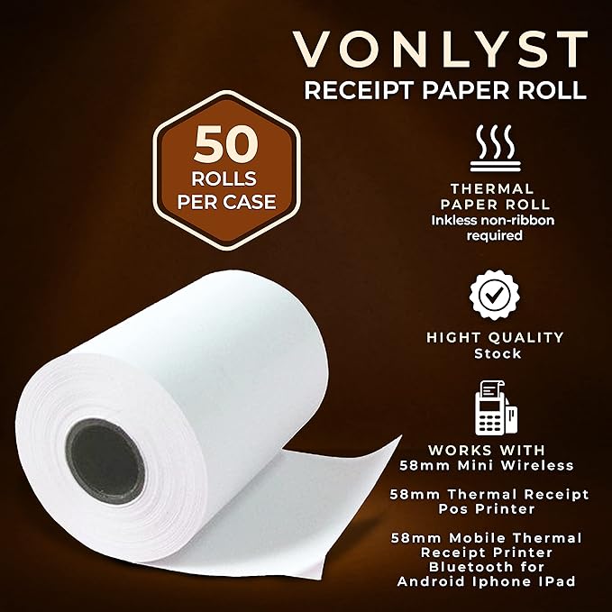 Vonlyst Receipt Paper Roll for 58mm Mobile Portable Thermal Printer (Pack 50 rolls)