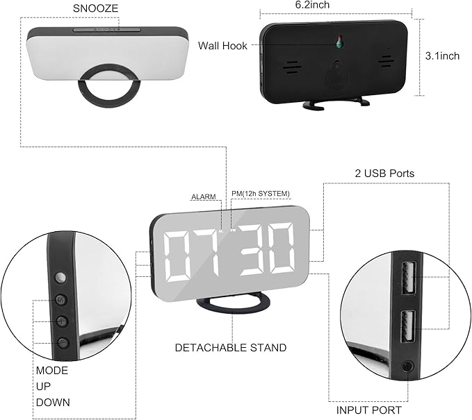 SZELAM Digital Clock Large Display, LED Alarm Electric Clocks Mirror Surface for Makeup with Diming Mode, 3 Levels Brightness, Dual USB Ports Modern Decoration for Home Bedroom Decor-Black