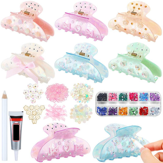 Suncalla 6 Set DIY Hair Claw Clips Kit Acrylic Claw Clip with Resin Rhinestones Pearls Hair Clips with Strong Hold Non-slip Banana Barrettes for Women Party Crafting Night DIY(Classic)