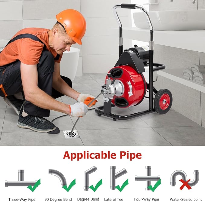 100Ft x 3/8Inch Drain Cleaner Machine, Portable Electric Drain Auger Cleaner with 6 Cutters & Gloves, Drain Cleaning Machine Fits 1" to 4" Pipes