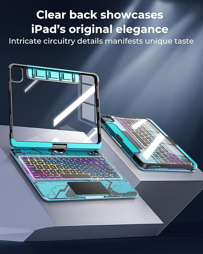 TSQQST Clear Wireless Keyboard Case for iPad (A16) 11th Generation 11-inch 2025/ iPad 10th Generation 10.9-inch 2022 with Pencil Holder & Multi-Touch Trackpad, 7-Color Backlit, 360 Rotatable, Blue