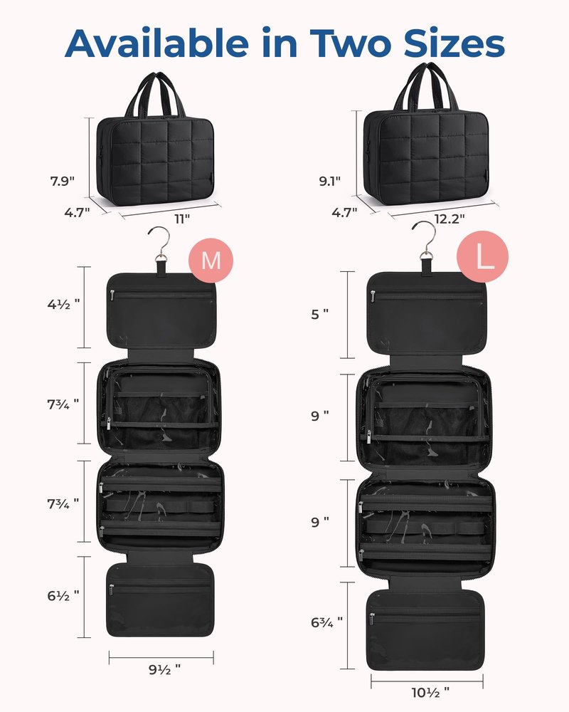 BAGSMART Travel Toiletry Bag with Jewelry Organizer, Hanging Travel Bag for Toiletries, Puffy Makeup Cosmetic Bag Organizer, Carry-on Travel Accessories Essentials, Black-L