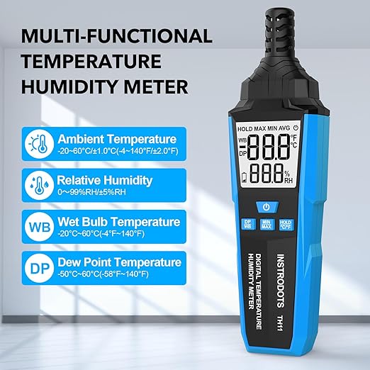 INSTRODOTS Temperature Humidity Meter, High Precision Digital Hygrometer with Ambient, Dew Point, Wet Bulb Temperature for Indoor Outdoor, Thermometer with Min/Max, Data Hold, LCD Backlight, TH11