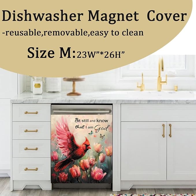 Generic Cardinal Dishwasher Magnet Cover, Tulips Spring Summer Flower Kitchen Decor Fridge Magnetic Sticker, Red Bird with Floral Home Appliances Cabinets Panel Decals,for All Seasons 23x26