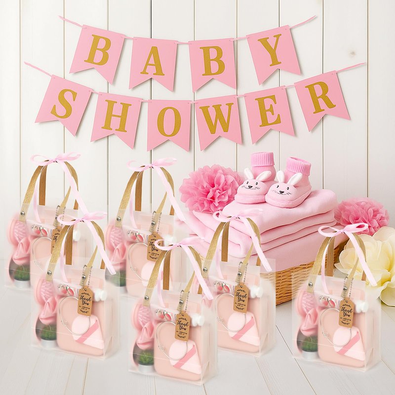 Acmee Baby Shower Prizes for Winners Gifts Headband Hair Brush Jewelry Box Plants Candles Bracelet Hand Cream Compact Powder Puff Hair Claw ribbon Gift Bag Beaded Necklace Bridal Shower(6 Sets-Blue)