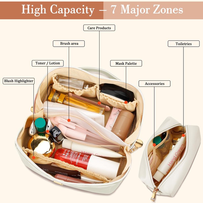 CLOUDWINGS Birthday Gifts for Women Teen Girl, Personalized Initial Makeup Organizer Bag Set, Open Flat Travel Cosmetic Bag With Clear Divider and Handle(Beige,M)
