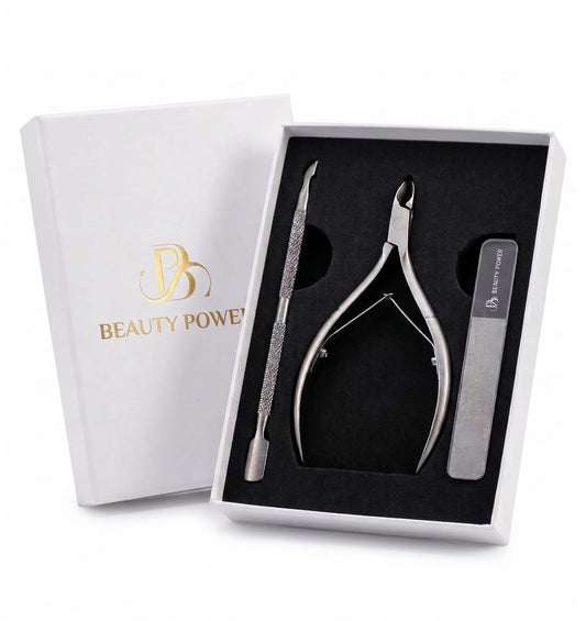 Beauty Power Cuticle Trimmer with Cuticle Pusher & Nano Nail File - Cuticle Nipper Cuticle Remover - Professional Stainless Steel Clippers Pedicure Manicure Tools for Fingernails - Gift Idea