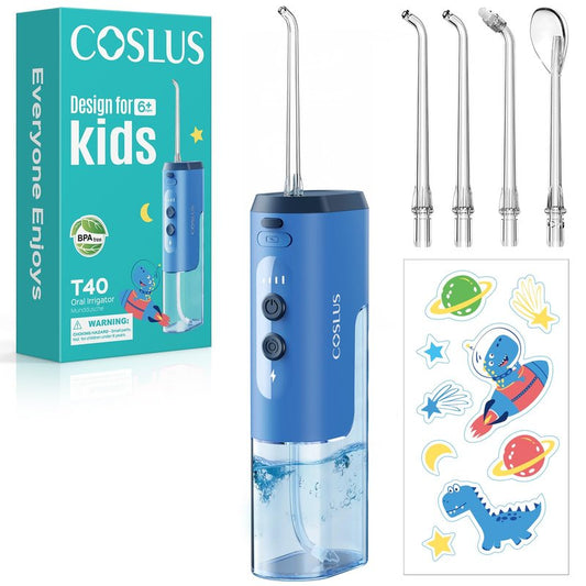 COSLUS T40 Portable Water Flosser for Kids: 4 Gentle Modes for Ages 6+, Braces & Sensitive Teeth - with Fun DIY Stickers, 4 Storable Nozzles, Mini Compact for Home School & Travel, BPA-Free, Blue