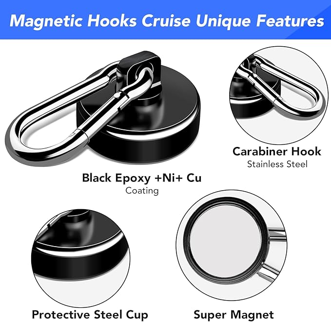LOVIMAG Strong Magnetic Hooks, 12 Pack Magnetic Hooks Heavy Duty 70LBS Strong Neodymium Magnets with Carabiner Hook, Magnet Hooks with Swivel for Kitchen, Hanging, Cruise, Grill, Refrigerator - Black