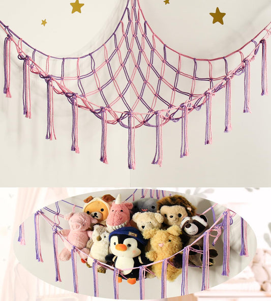 Mirolam Large Stuffed Animal Hammock - Corner Net Toy Storage Organizer for Girls' Room | Pink & Purple Boho Decor