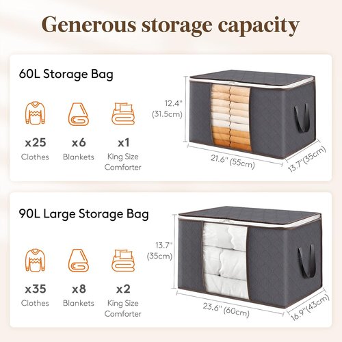 Lifewit 60L Clothes Storage Bins - 8 Pack Foldable Bags with Lids, Clear Window & Reinforced Handles