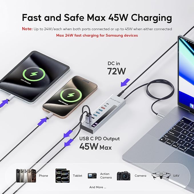PULWTOP Powered USB C Hub, 10-in-1 USB 3.2 Data Hub with 3 x USB A/C 10Gbps, 3 x USBA 5Gbps, USB A 2.0, 100W PD-in, 2 x 24/45W Type-C Charging Ports (72W Adapter Included)