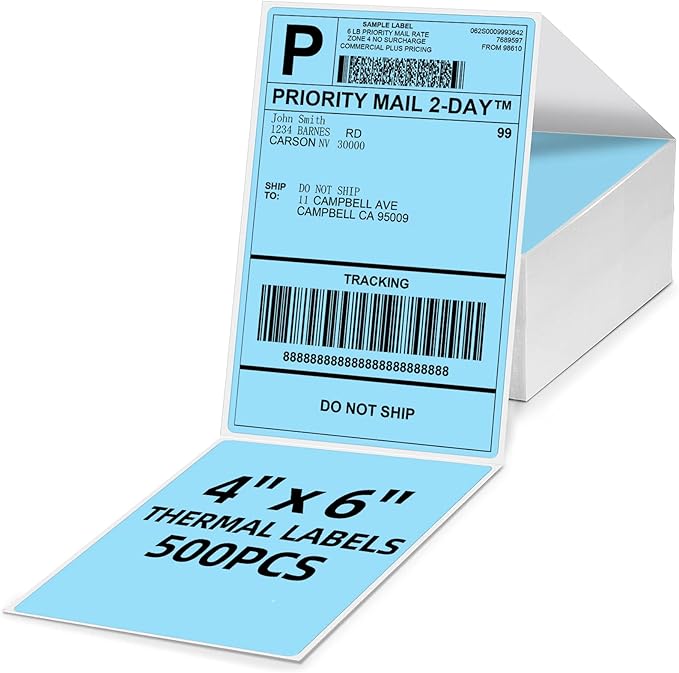 Omezizy 4x6 Thermal Labels, 1 Packs of 500 4x6 Fold Labels Blue - Compatible with JADENS, ASprink, Phomemo, Rollo, Zebra, Omezizy and Other Thermal Printers