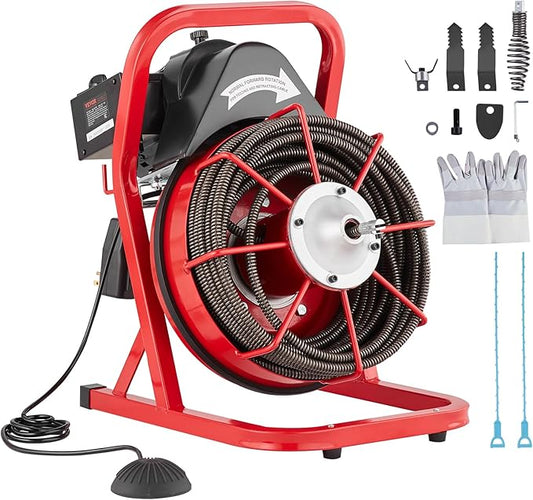 VEVOR Drain Cleaner Machine 75FT x 1/2 Inch, Sewer Snake Auger Manual Feed, 370W Electric Drain Cleaning Machine with 4 Cutters & Air-activated Foot Switch for 2" to 4" Pipes