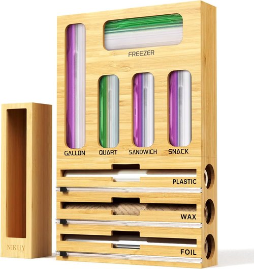 Bamboo 9-in-1 Foil & Plastic Wrap Organizer - Kitchen Drawer Storage with Labels for Bags