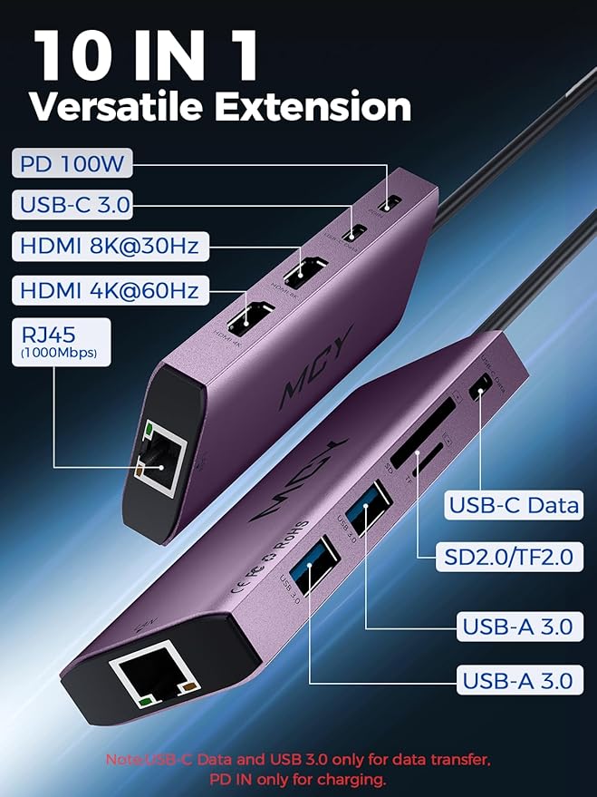 MCY USB C Hub,Laptop Docking Station Dual Monitor Single 8K,2x4K@60Hz,10in1 Type-C Multiport Adapter with PD100W,Card Reader,Extender,Splitter,Ethernet Dock for MacBook Ipad Pro/Dell/HP/Surface etc.
