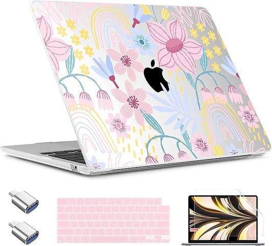 TWOLSKOO for MacBook Air 15 inch Case 2026 2025 2024 2023 Release M5 A3448 M4 A3241 M3 A3114 M2 A2941, Plastic Hard Shell & Screen Protector & Keyboard Cover & Type C Adapter, Floral Spring